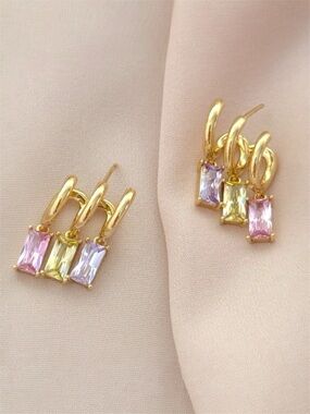 14K Gold Plated Triple Hoop Earrings Real Crystal Stones Waterproof Dainty